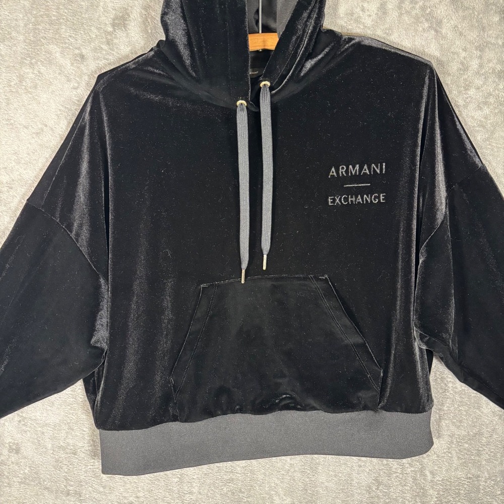Armani Exchange Womens Black Velvet Logo Pullover Boxy Hoodie Size S Velour